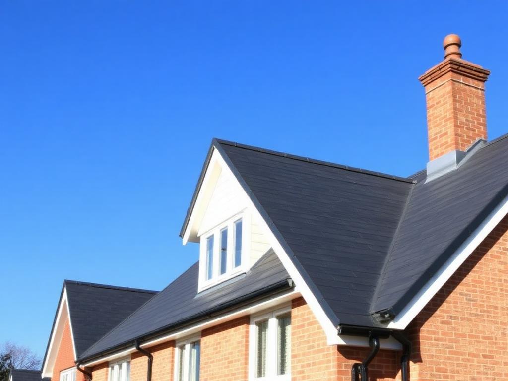 Completed pitched roof with dark slate tiles